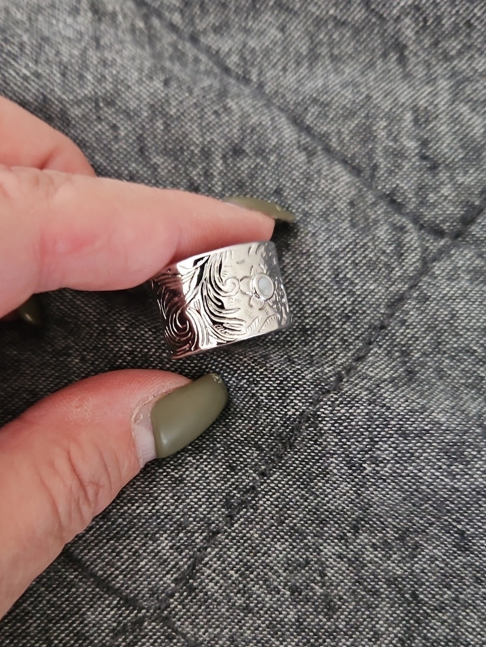 Sterling Silver Engraved Wide Band Ring - Silver
